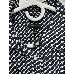 Talbots Wrinkle Resistant Stretch Button Blue Shirt Dot Print 3/4 Sleeve Sz 8